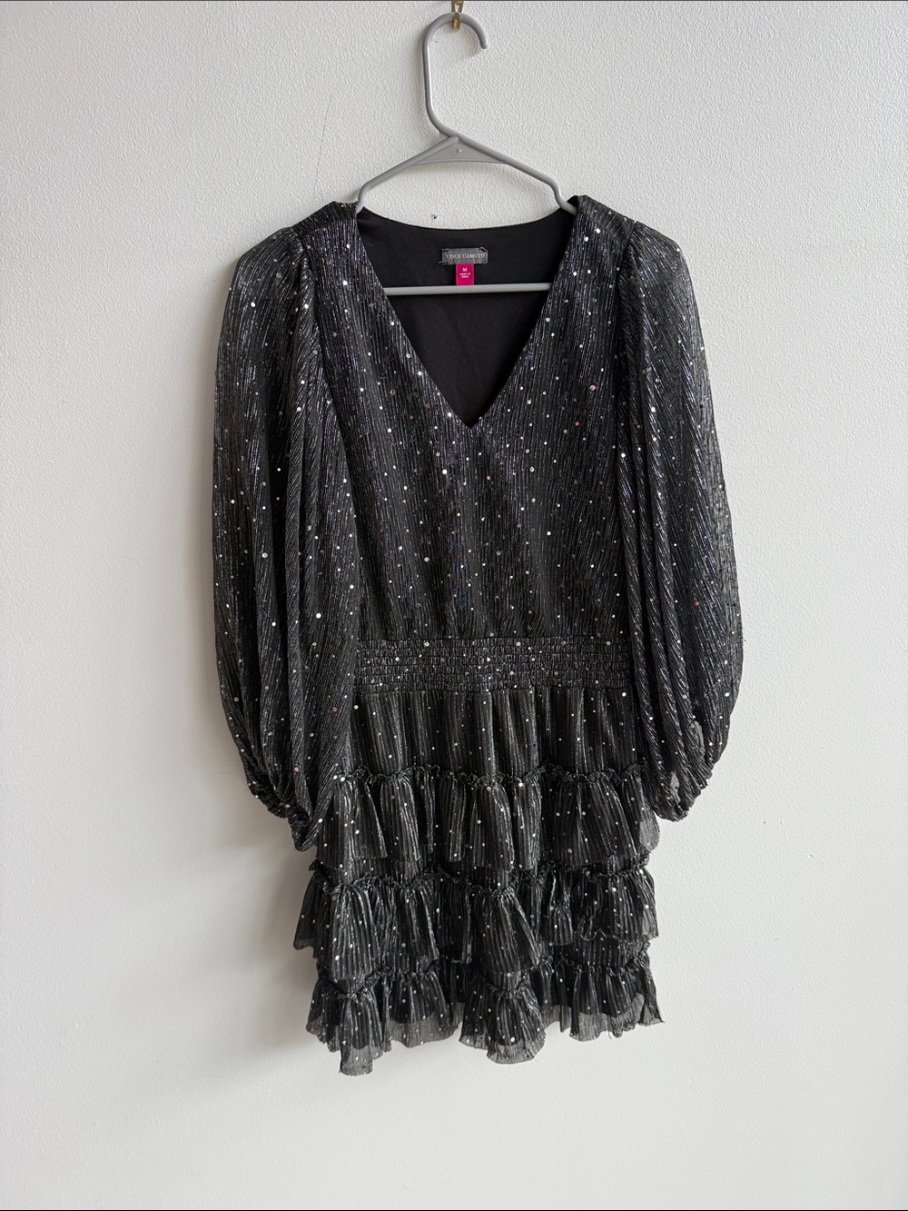 Vince Camuto Black Sparkle V-Neck Ruffled Mini Dress